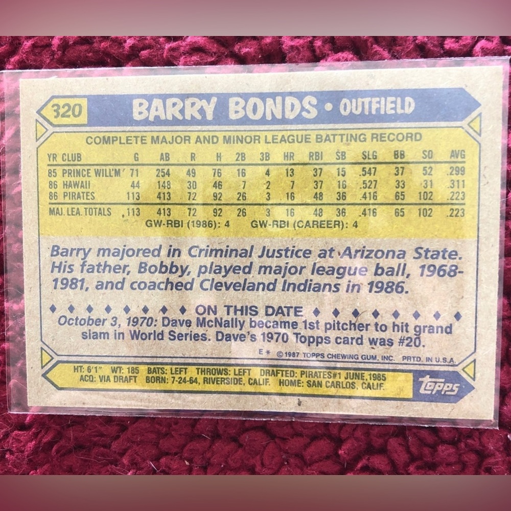 Error Card Barry Bonds Rookie 1987 Topps #320 - Picture 5 of 7